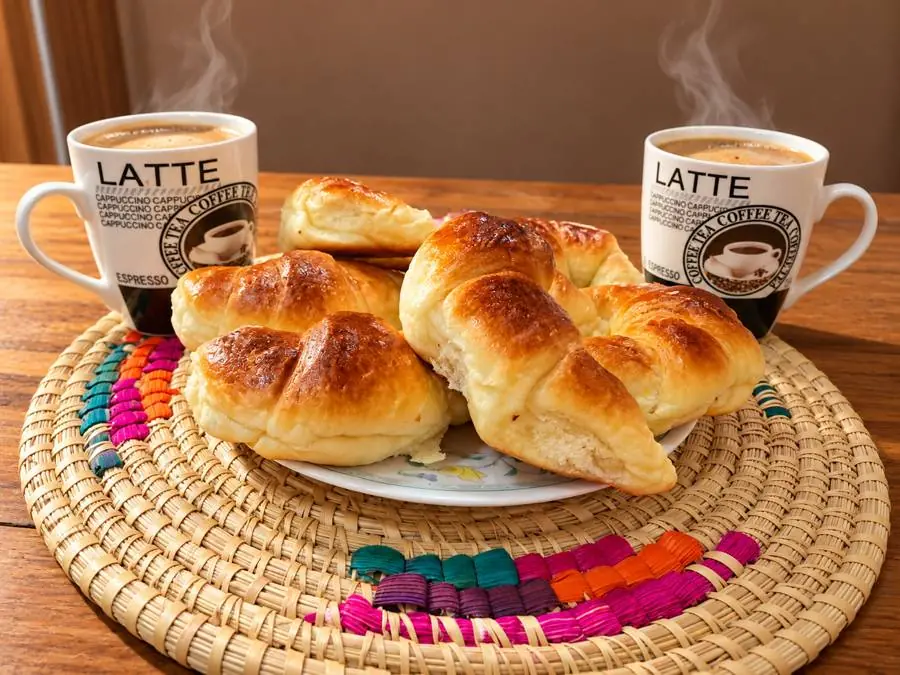 Medialunas sobre un plato con un individual tejido y dos tazas de café